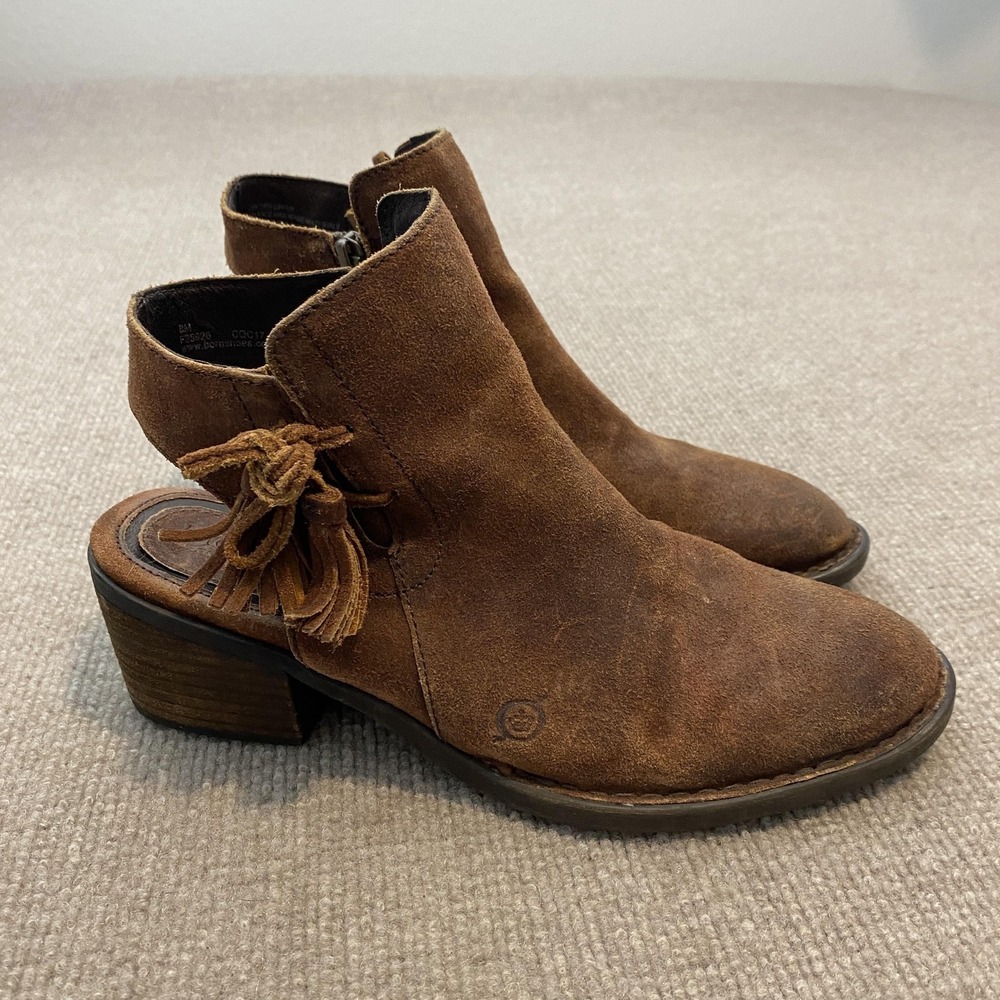 Born Booties Womens Size‎ 8 Brown Suede Ankle Zip Block Heel Tassel F25926